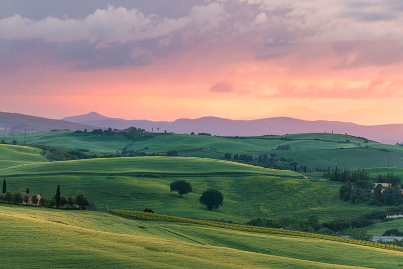 rolling hills at sunset